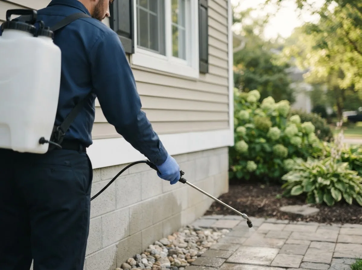 Pest control technician inspecting a home in Robbins, IL